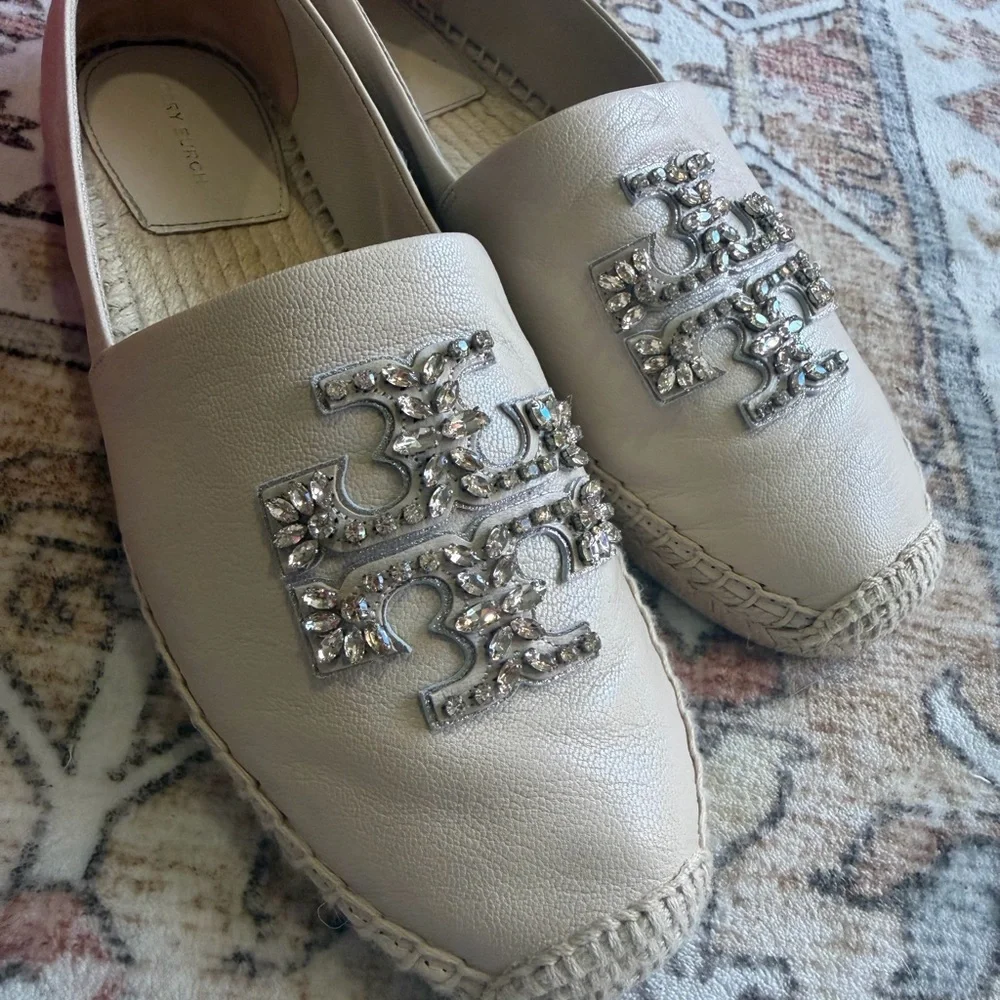Tory Burch Ivory Leather Espadrilles with Crystal Logo